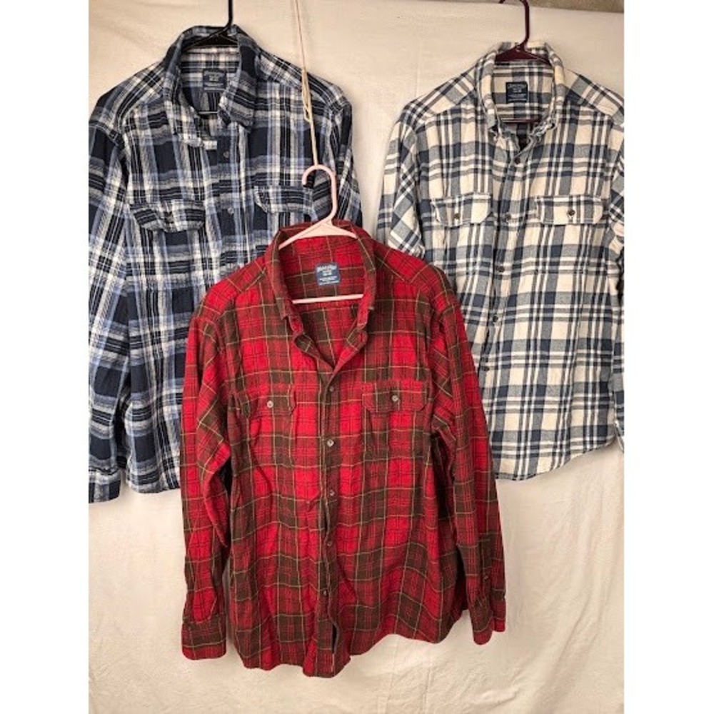 Lot of 3 Faded Glory Mens Flannel Shirts XL 46-48 Plaid Cotton Button Down Shirt